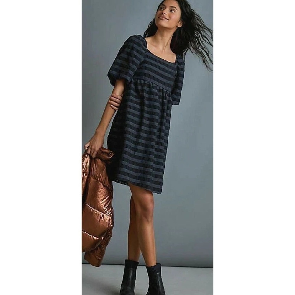 New Anthropologie Marla Flounced Puff Sleeve Mini Black/Gray Dress‎ Tunic sz XS
